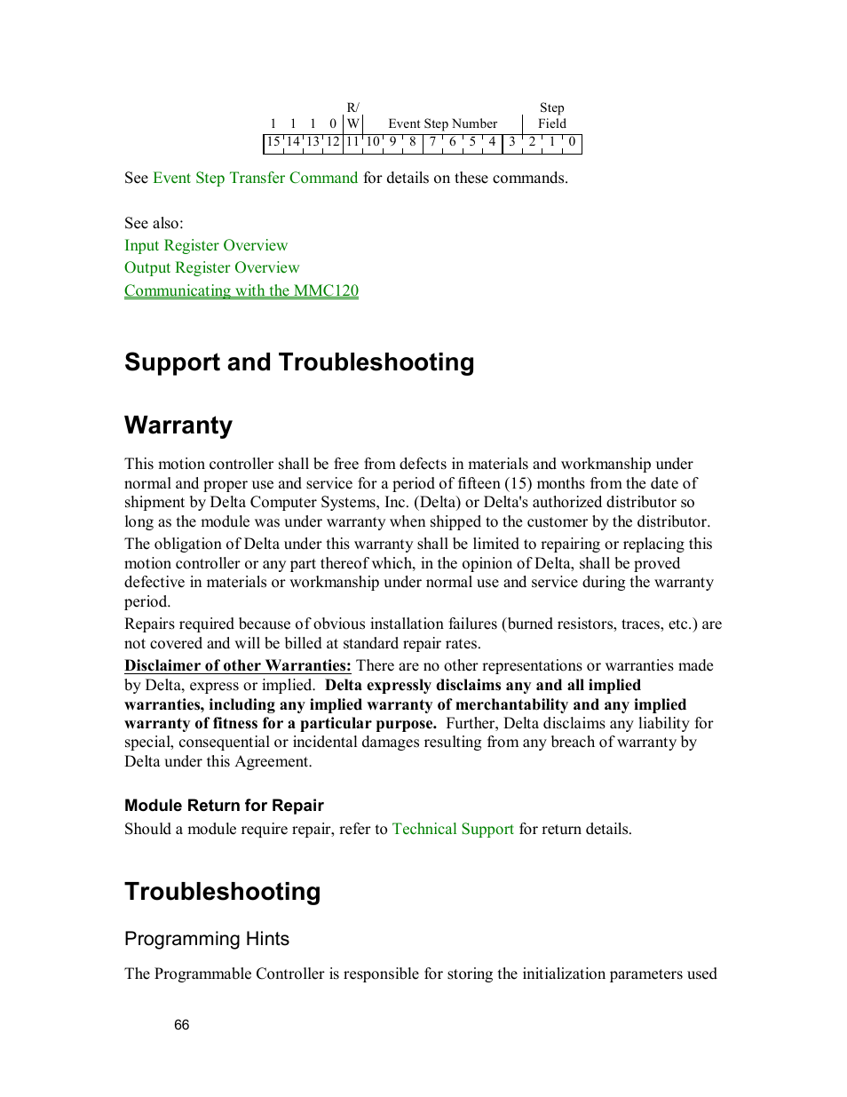 Support and troubleshooting warranty, Troubleshooting | Delta MMC120 User Manual | Page 66 / 150