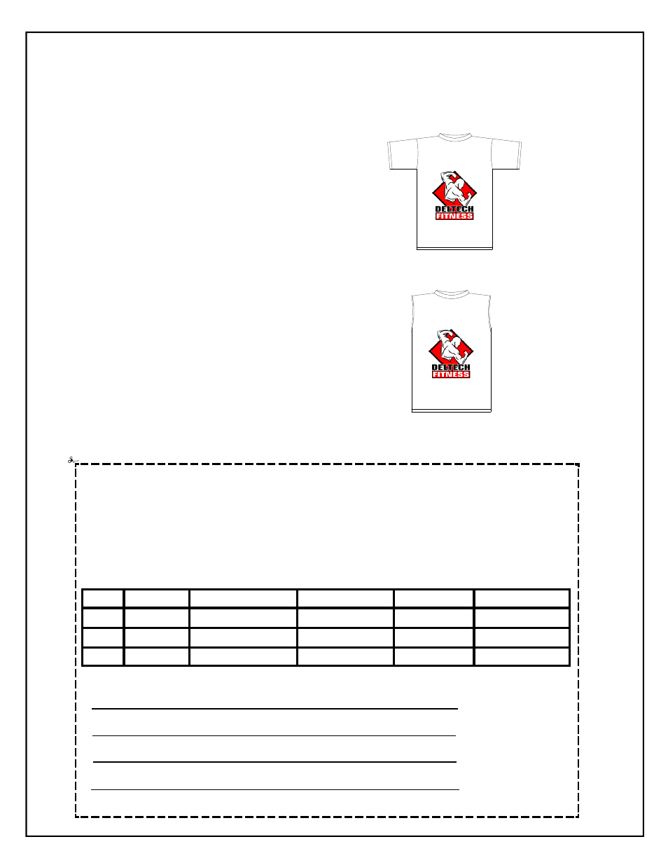 T-shirt order form | Deltech Fitness DF1000- Olympic Weight Bench User Manual | Page 12 / 12