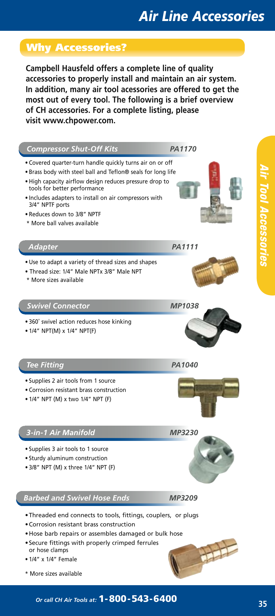 Ch mini catalog_mar2006 37.pdf, Air line accessories, Air t oo l a cc es so rie s | Why accessories | Campbell Hausfeld MP5143 User Manual | Page 2 / 6