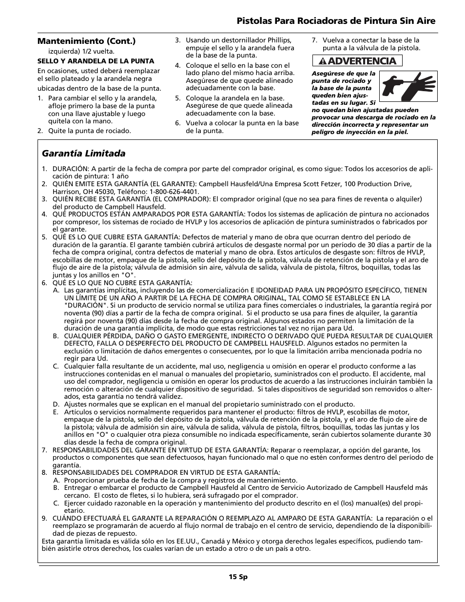 Garantía limitada, Pistolas para rociadoras de pintura sin aire | Campbell Hausfeld AL2150 - BLACK User Manual | Page 15 / 16