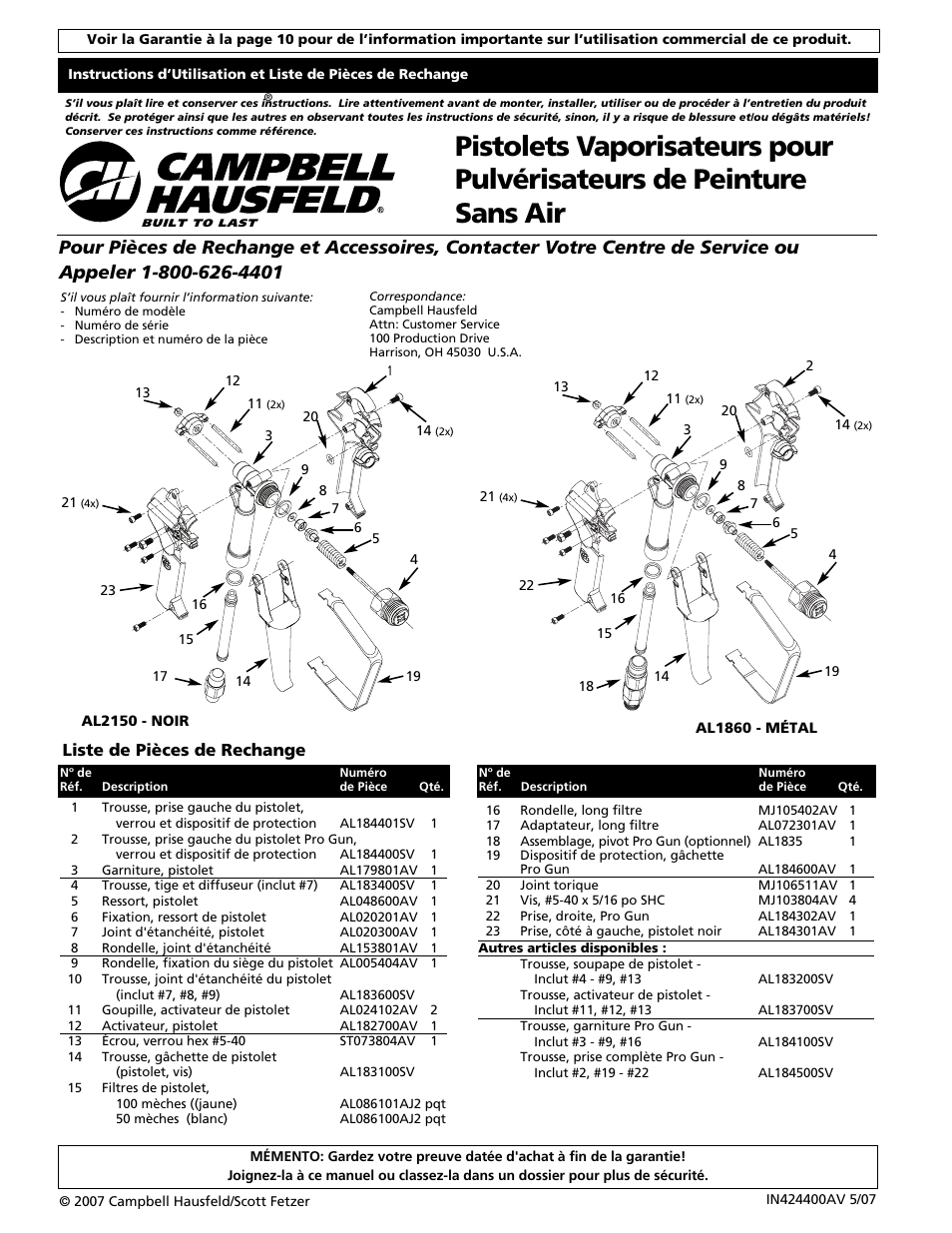 Liste de pièces de rechange | Campbell Hausfeld AL2150 - BLACK User Manual | Page 6 / 16