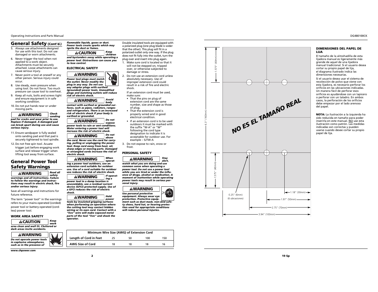 No es el t amaño real, General safety, General power tool safety warnings | Campbell Hausfeld DG480100CK User Manual | Page 2 / 10