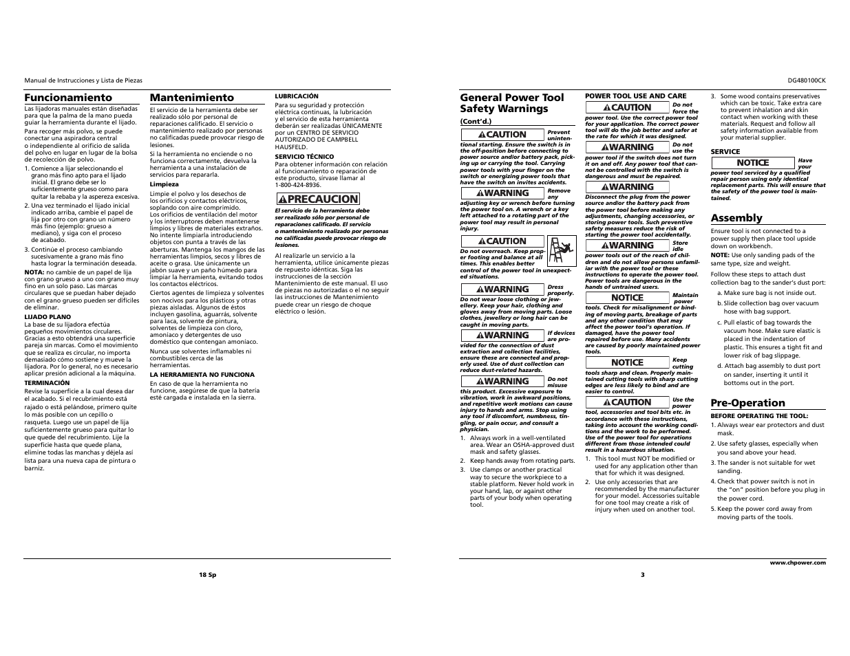 Precaucion, Funcionamiento, Mantenimiento | General power tool safety warnings, Assembly, Pre-operation | Campbell Hausfeld DG480100CK User Manual | Page 3 / 10