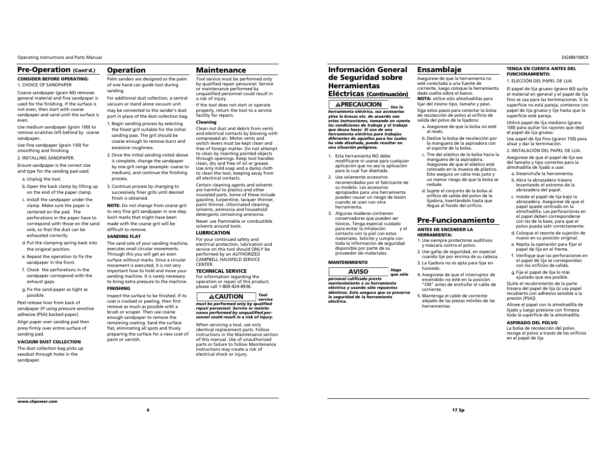 Ensamblaje, Pre-funcionamiento, Pre-operation | Operation, Maintenance | Campbell Hausfeld DG480100CK User Manual | Page 4 / 10