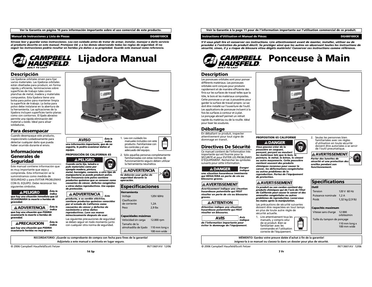 Lijadora manual, Ponceuse à main, Descripción | Para desempacar, Informaciones generales de seguridad, Especificaciones, Description, Déballage, Directives de sécurité, Specifications | Campbell Hausfeld DG480100CK User Manual | Page 7 / 10