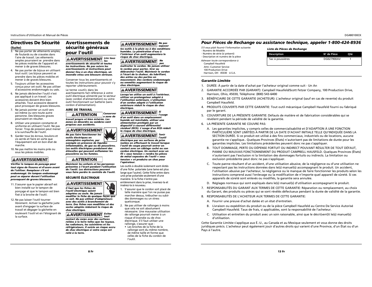 Directives de sécurité, Avertissements de sécurité généraux pour l’outil | Campbell Hausfeld DG480100CK User Manual | Page 8 / 10