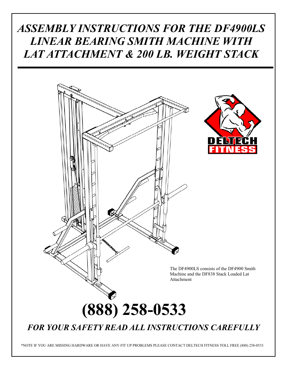 Deltech Fitness DF4900LS- Linear Bearing Smith Machine with Stack Loaded Lat Attachment User Manual | 28 pages