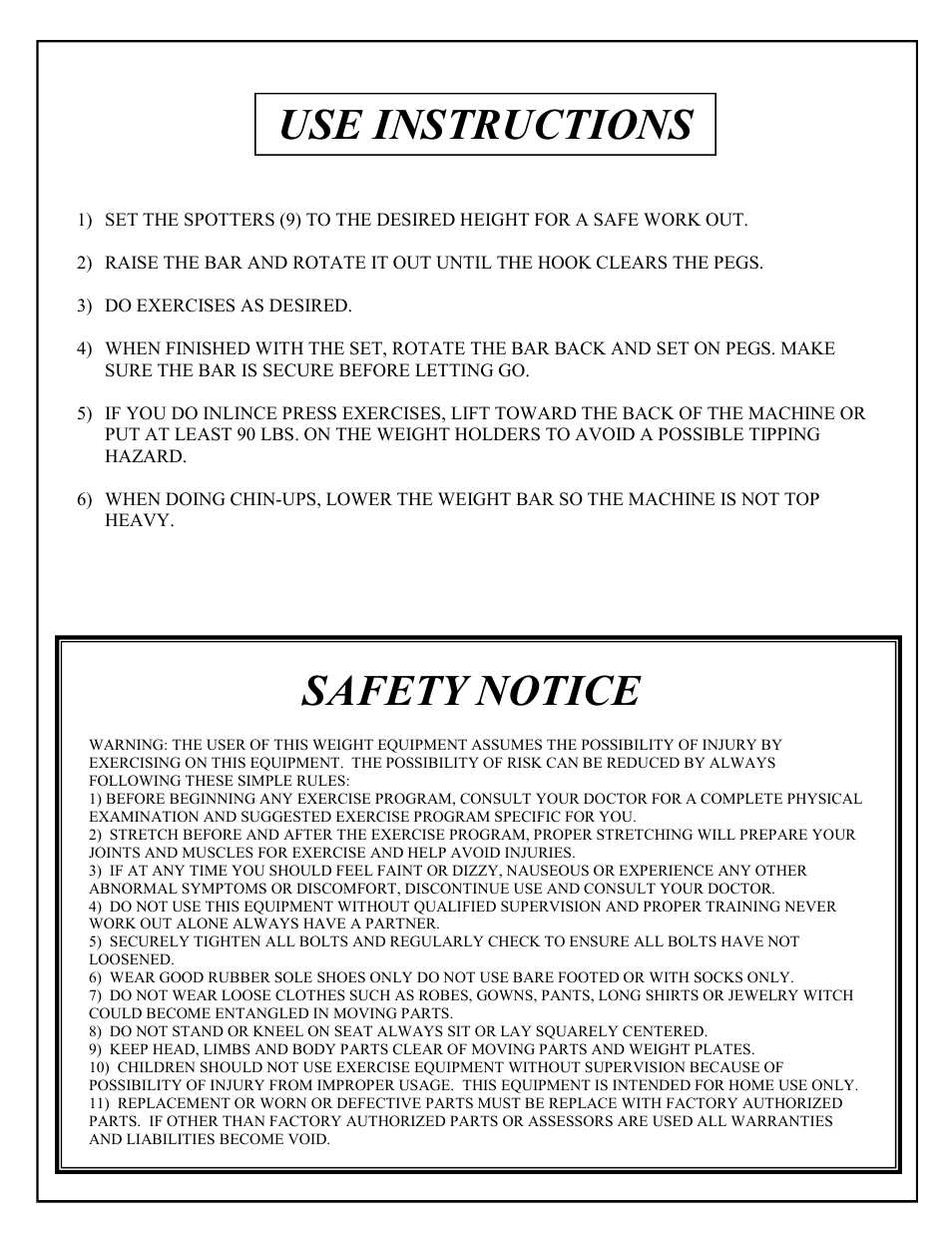 Safety notice, Use instructions | Deltech Fitness DF4900LS- Linear Bearing Smith Machine with Stack Loaded Lat Attachment User Manual | Page 11 / 28