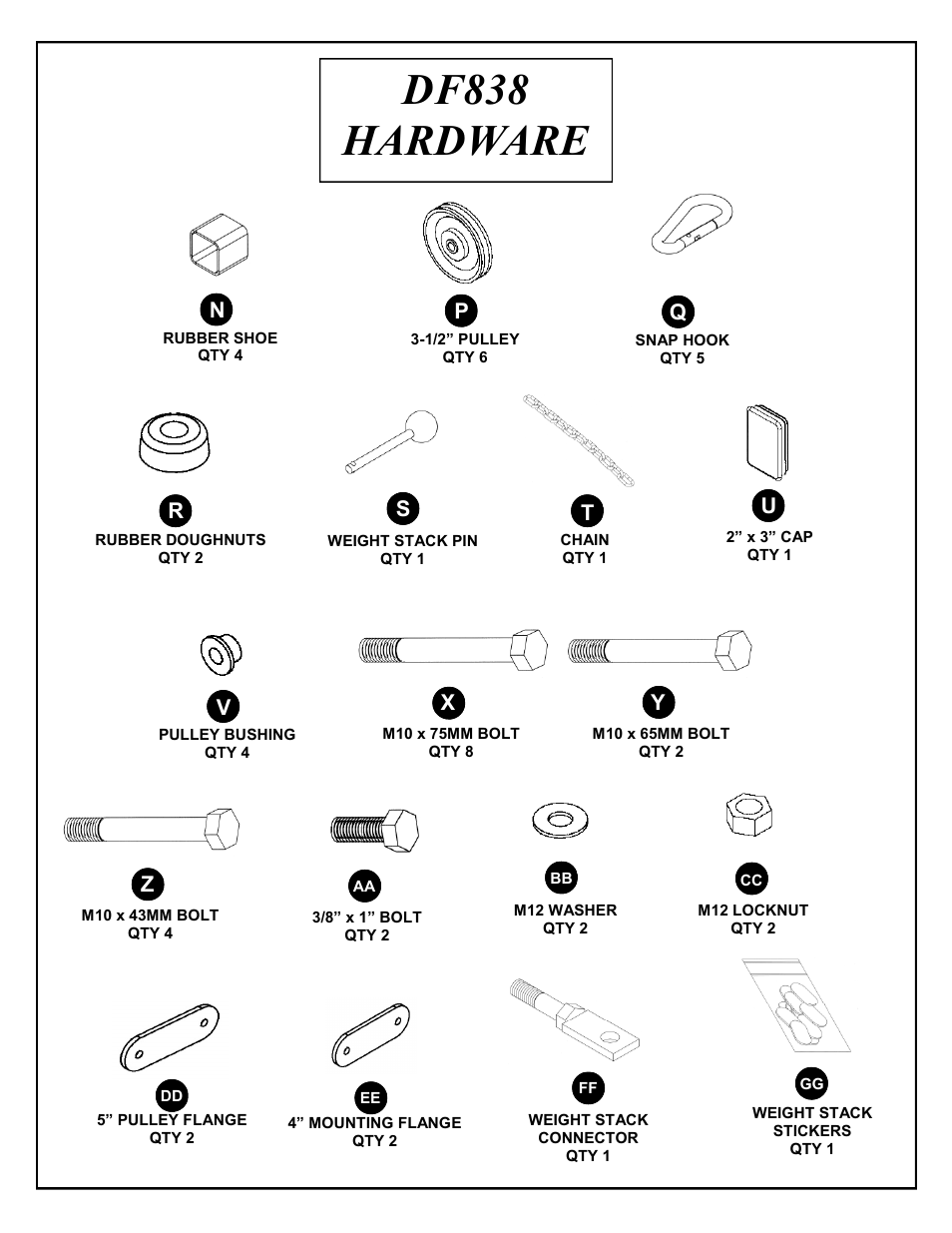 Df838 hardware | Deltech Fitness DF4900LS- Linear Bearing Smith Machine with Stack Loaded Lat Attachment User Manual | Page 14 / 28