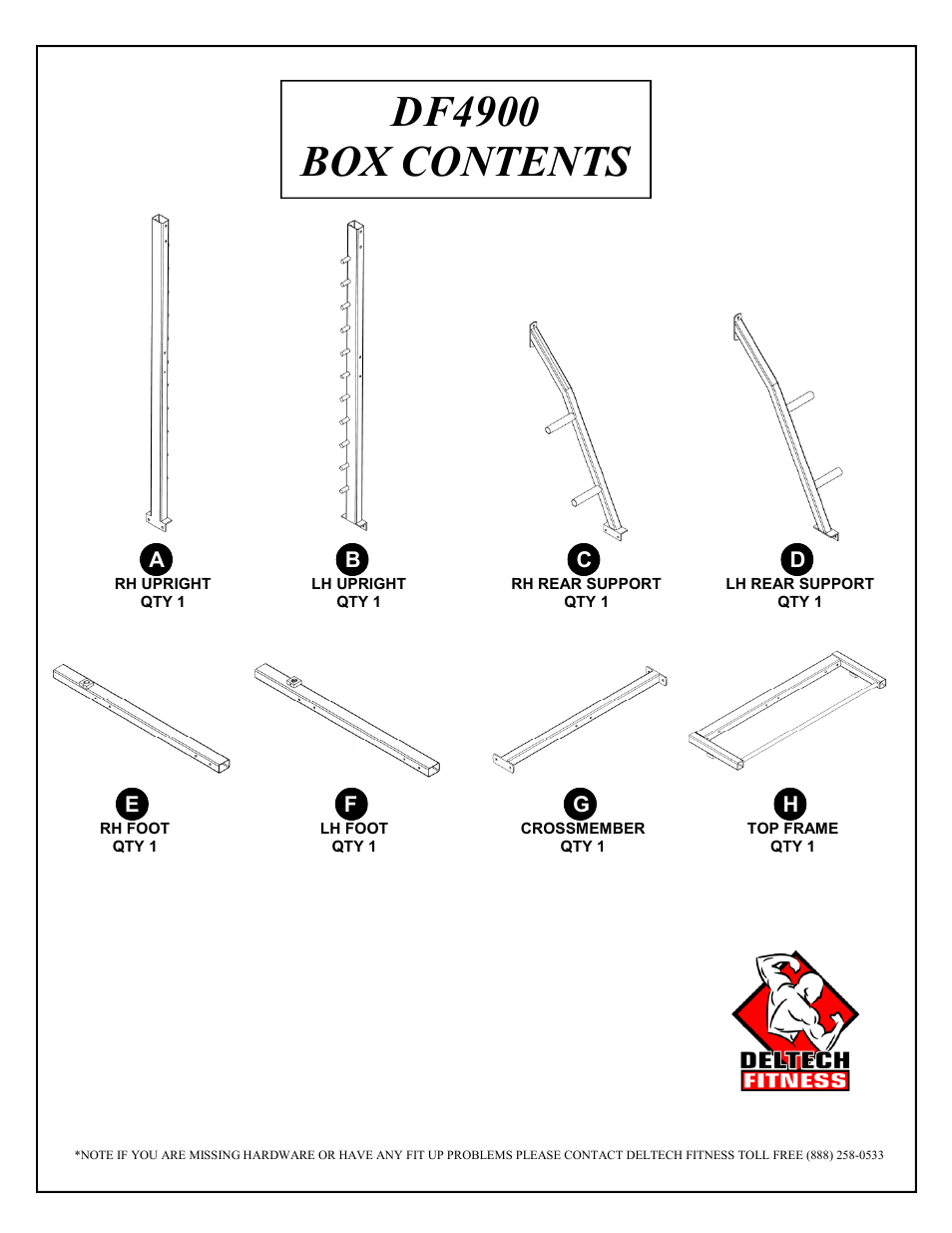 Df4900 box contents | Deltech Fitness DF4900LS- Linear Bearing Smith Machine with Stack Loaded Lat Attachment User Manual | Page 2 / 28