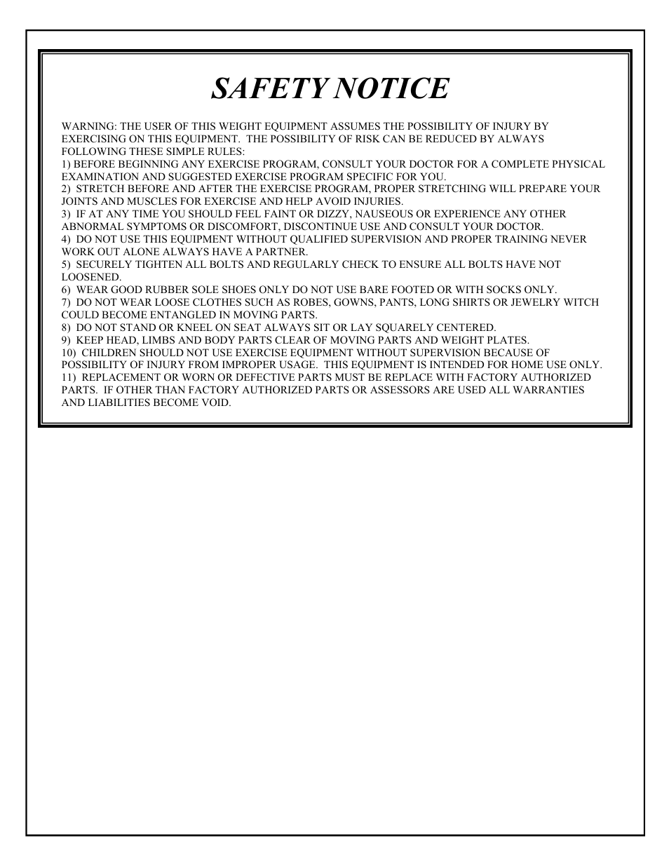 Safety notice | Deltech Fitness DF4900LS- Linear Bearing Smith Machine with Stack Loaded Lat Attachment User Manual | Page 27 / 28