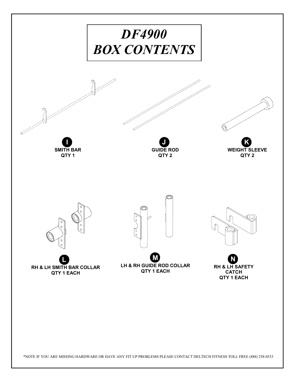 Df4900 box contents | Deltech Fitness DF4900LS- Linear Bearing Smith Machine with Stack Loaded Lat Attachment User Manual | Page 3 / 28