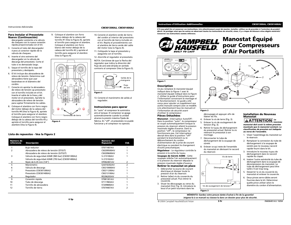 Manostat équipé pour compresseurs d’air portatifs, Attention | Campbell Hausfeld CW301300AJ  EN User Manual | Page 3 / 4