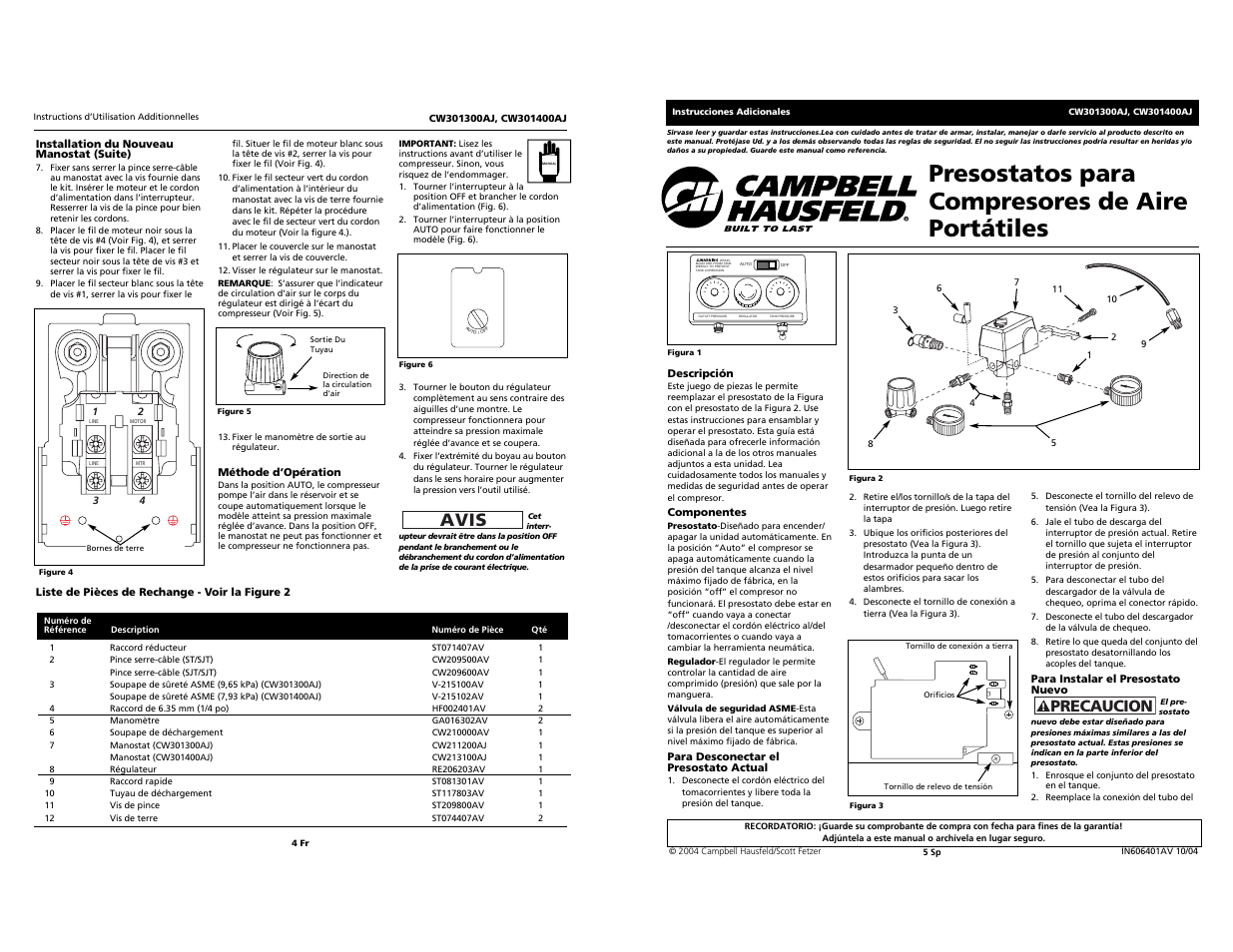 Presostatos para compresores de aire portátiles, Avis, Precaucion | Campbell Hausfeld CW301300AJ  EN User Manual | Page 4 / 4