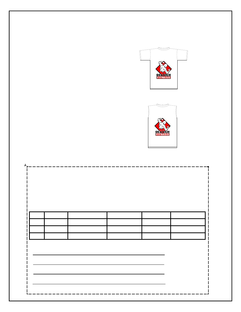 T-shirt order form | Deltech Fitness DF1200- Lat Attachment User Manual | Page 6 / 6