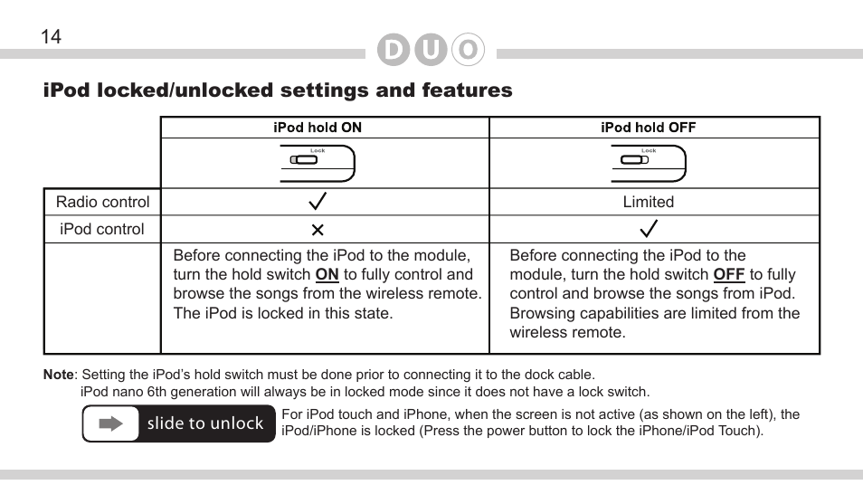 Ipod locked/unlocked settings and features | DICE Electronics DOU Honda User Manual | Page 14 / 40