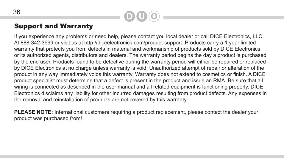 Support and warranty | DICE Electronics DOU Honda User Manual | Page 36 / 40