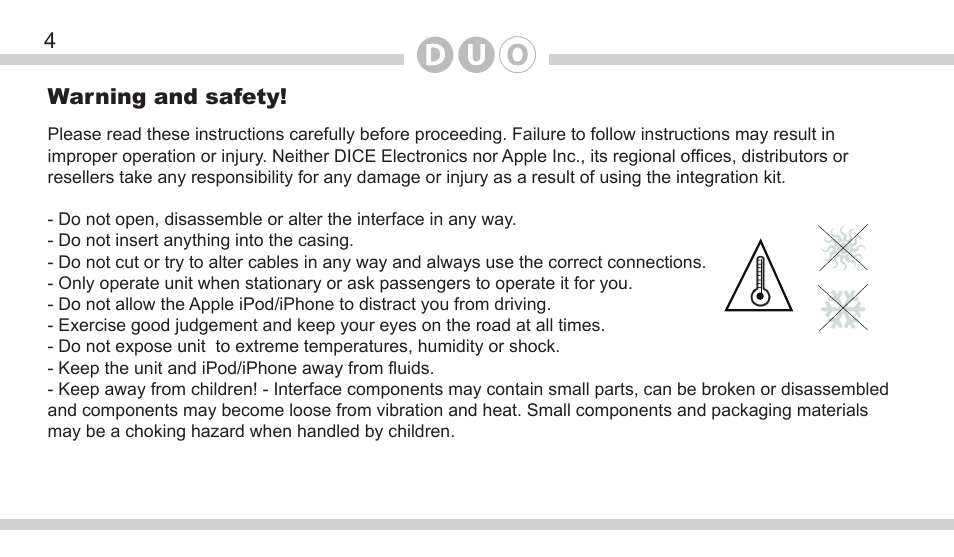 Warning and safety | DICE Electronics DOU Honda User Manual | Page 4 / 40