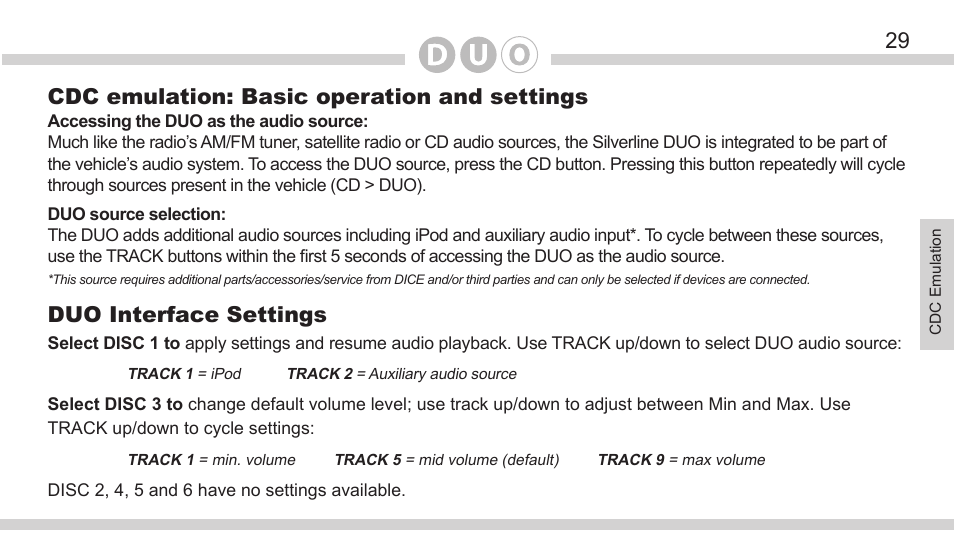 29 cdc emulation: basic operation and settings, Duo interface settings | DICE Electronics DOU VW User Manual | Page 29 / 48