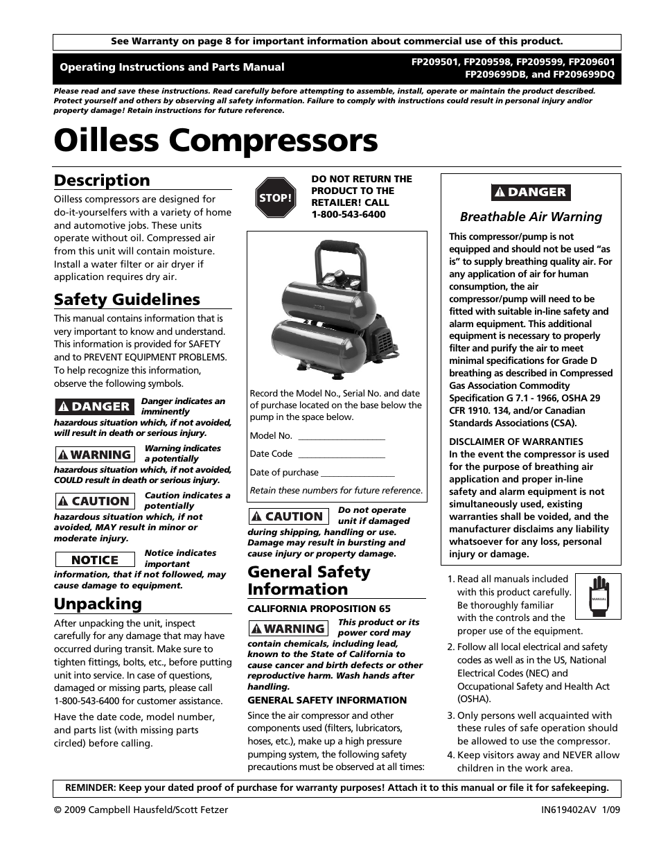 Campbell Hausfeld FP209699DB User Manual | 24 pages