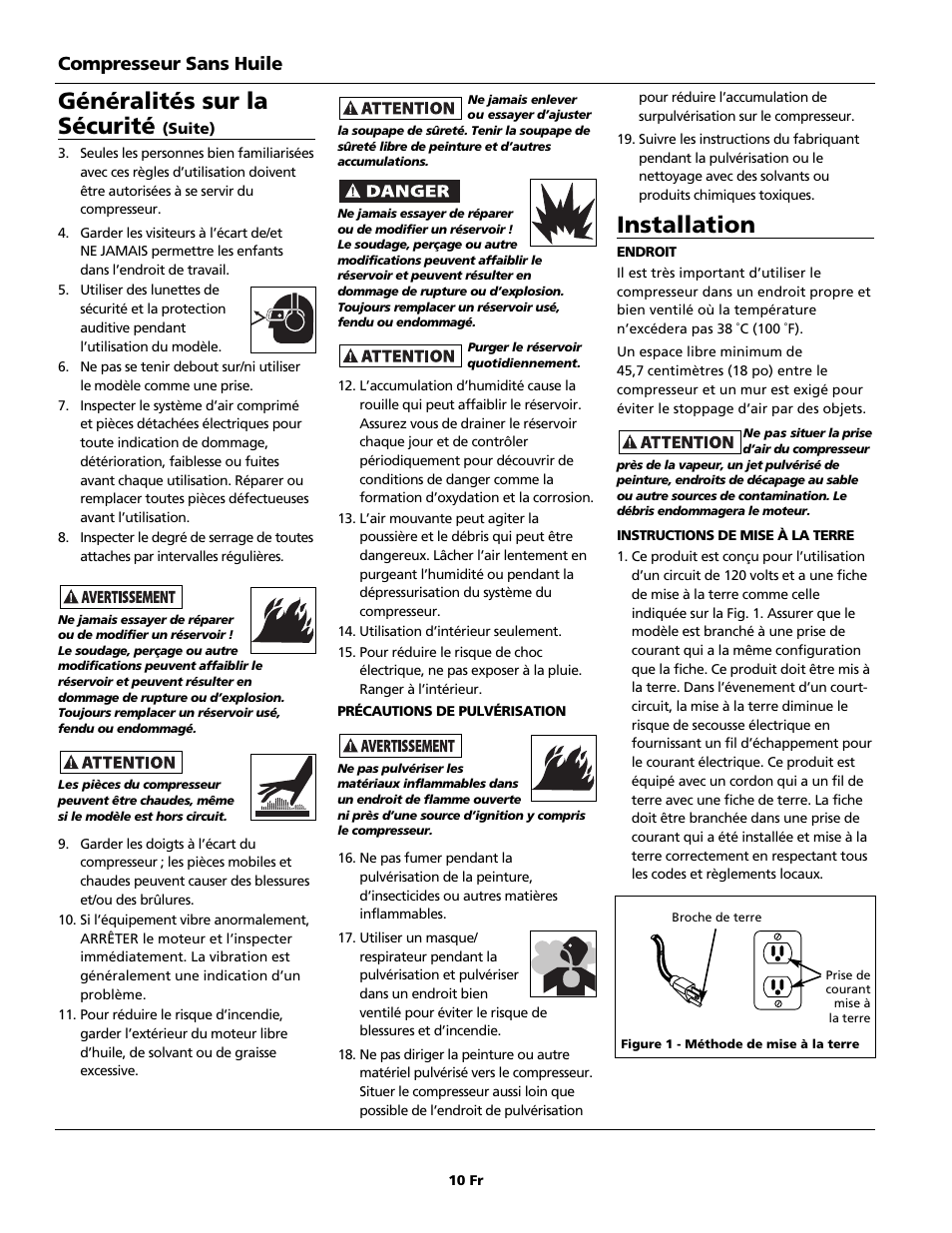 Généralités sur la sécurité, Installation, Compresseur sans huile | Campbell Hausfeld FP209699DB User Manual | Page 10 / 24