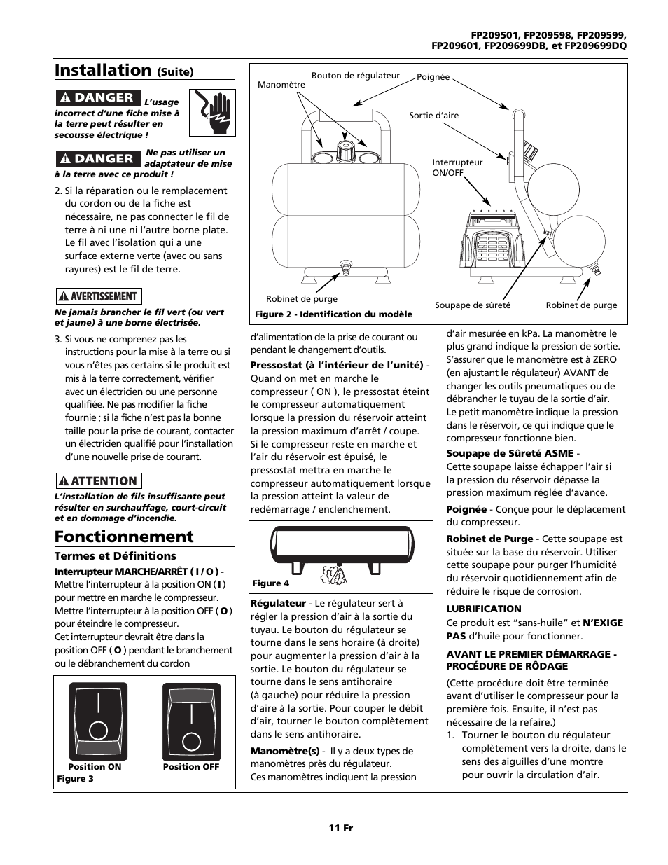 Fonctionnement, Installation | Campbell Hausfeld FP209699DB User Manual | Page 11 / 24