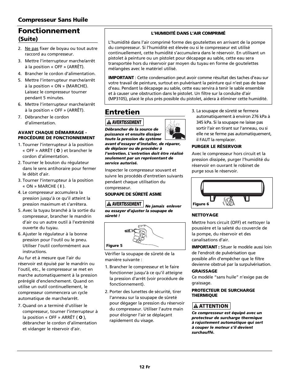 Entretien, Fonctionnement, Compresseur sans huile | Suite) | Campbell Hausfeld FP209699DB User Manual | Page 12 / 24