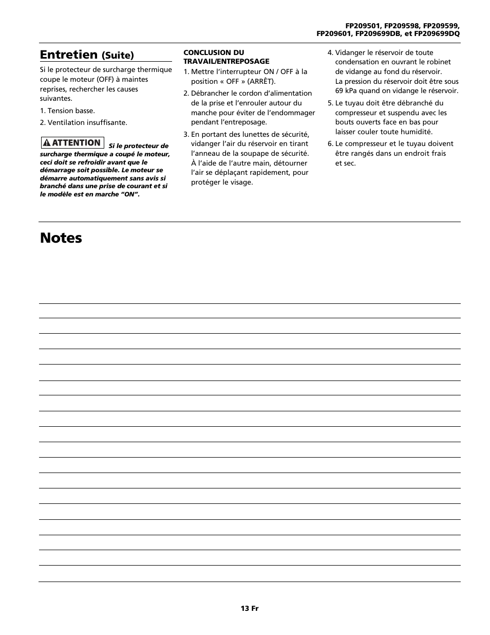 Entretien | Campbell Hausfeld FP209699DB User Manual | Page 13 / 24