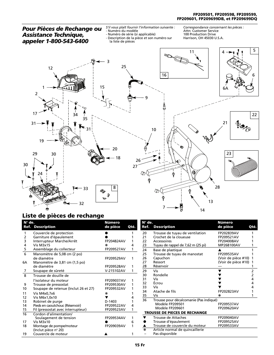 Liste de pièces de rechange | Campbell Hausfeld FP209699DB User Manual | Page 15 / 24