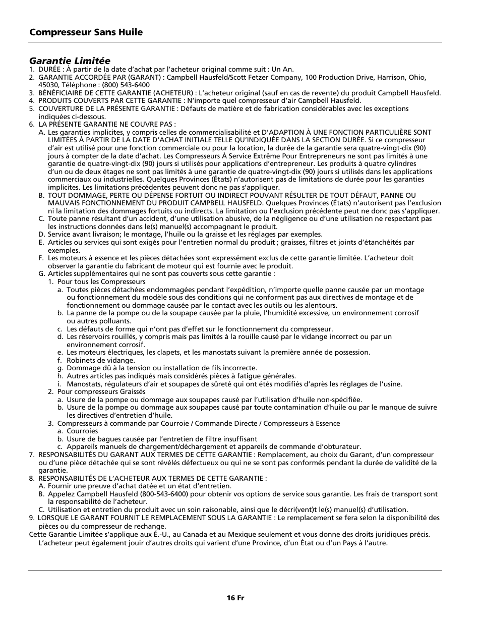 Compresseur sans huile garantie limitée | Campbell Hausfeld FP209699DB User Manual | Page 16 / 24