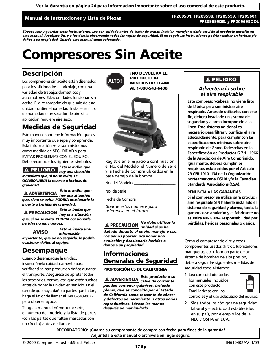 Compresores sin aceite, Descripción, Medidas de seguridad | Desempaque, Informaciones generales de seguridad, Advertencia sobre el aire respirable | Campbell Hausfeld FP209699DB User Manual | Page 17 / 24
