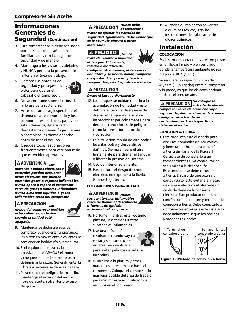 Informaciones generales de seguridad, Instalación, Compresores sin aceite | Campbell Hausfeld FP209699DB User Manual | Page 18 / 24