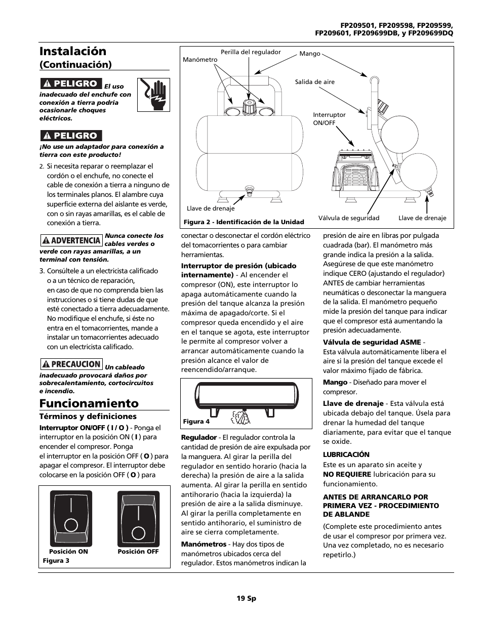 Instalación, Funcionamiento, Continuación) | Campbell Hausfeld FP209699DB User Manual | Page 19 / 24