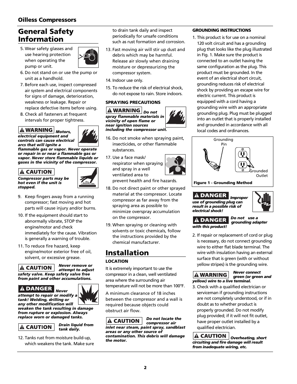 Installation, General safety information, Oilless compressors | Campbell Hausfeld FP209699DB User Manual | Page 2 / 24