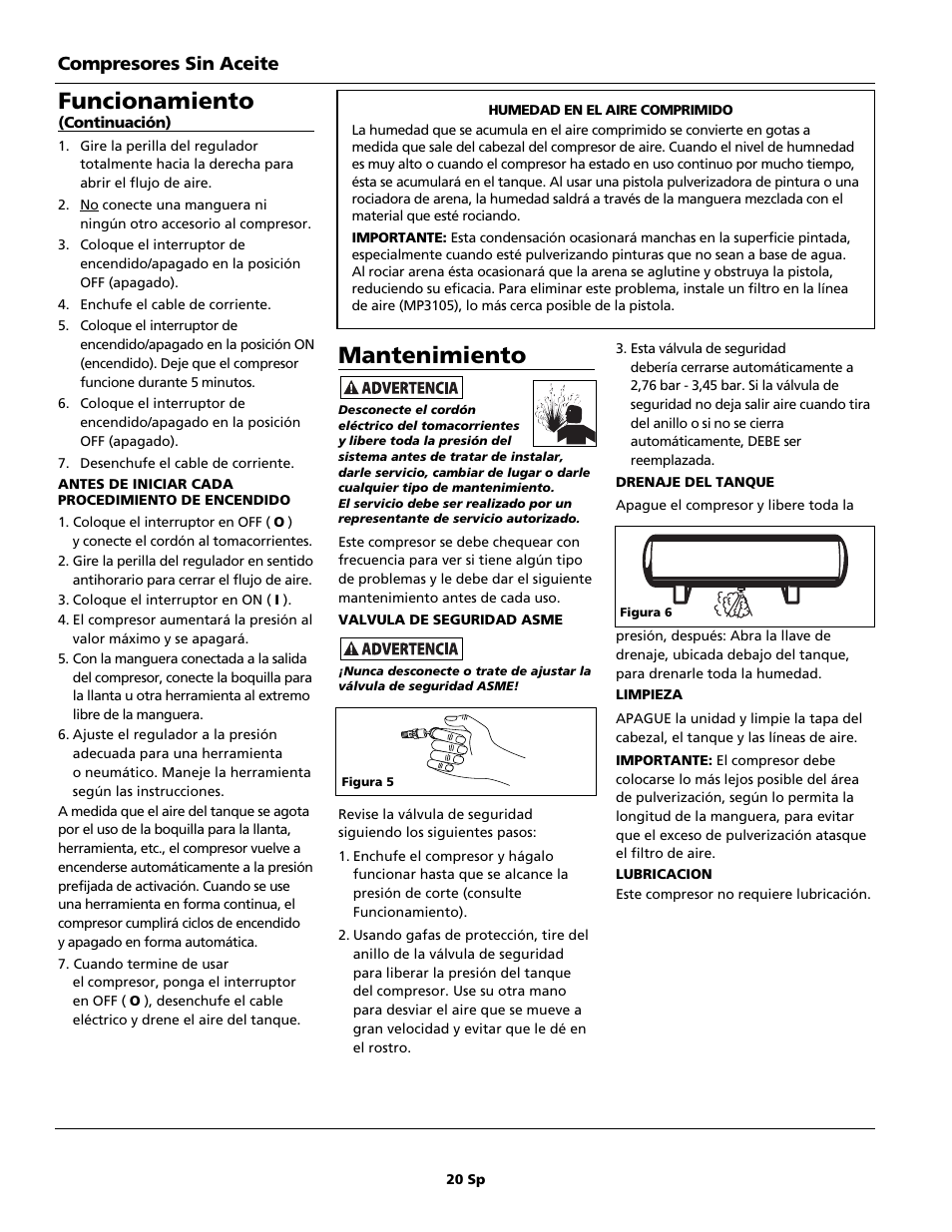 Mantenimiento, Funcionamiento, Compresores sin aceite | Campbell Hausfeld FP209699DB User Manual | Page 20 / 24