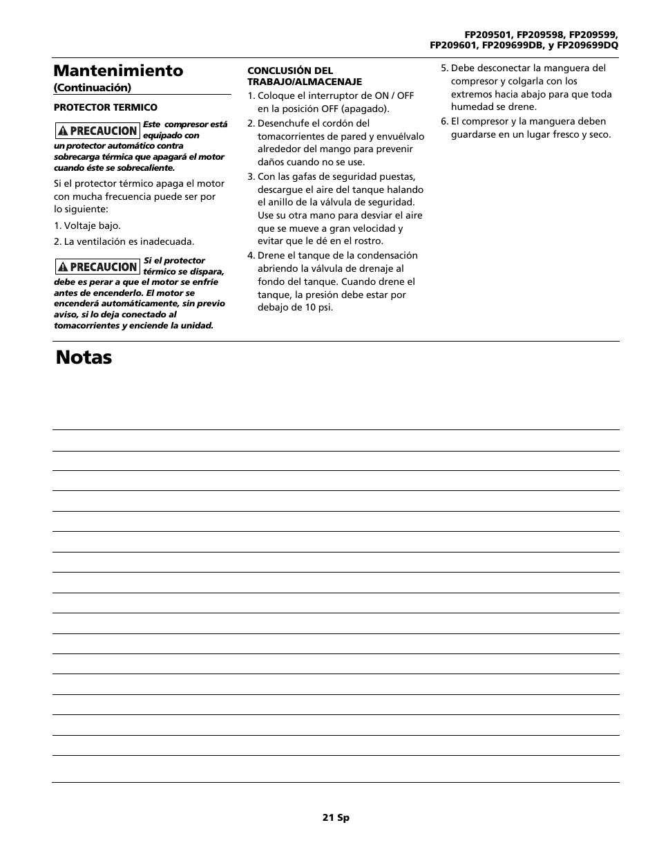 Notas, Mantenimiento | Campbell Hausfeld FP209699DB User Manual | Page 21 / 24