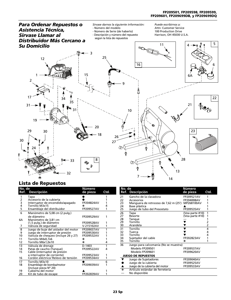 Lista de repuestos | Campbell Hausfeld FP209699DB User Manual | Page 23 / 24