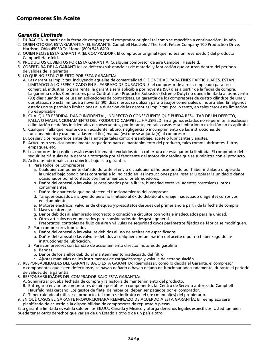 Compresores sin aceite | Campbell Hausfeld FP209699DB User Manual | Page 24 / 24