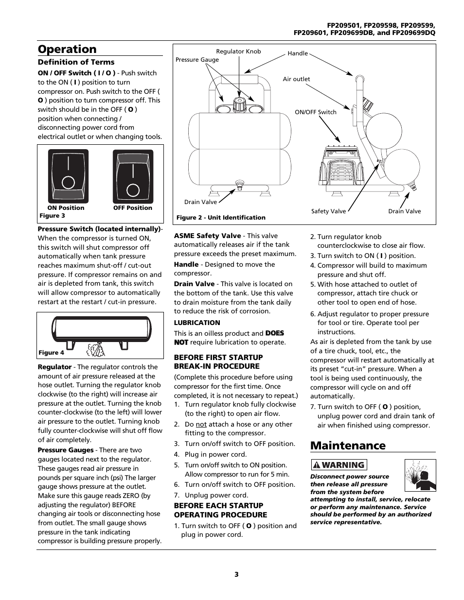 Operation, Maintenance | Campbell Hausfeld FP209699DB User Manual | Page 3 / 24