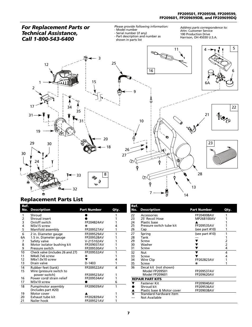 Replacement parts list | Campbell Hausfeld FP209699DB User Manual | Page 7 / 24