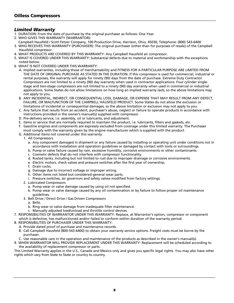 Oilless compressors limited warranty | Campbell Hausfeld FP209699DB User Manual | Page 8 / 24