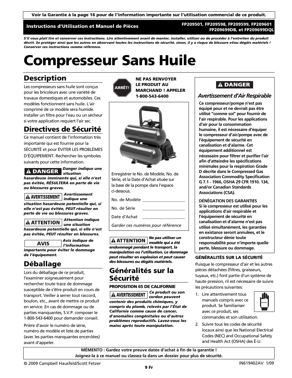 Compresseur sans huile, Généralités sur la sécurité, Description | Directives de sécurité, Déballage, Avertissement d’air respirable | Campbell Hausfeld FP209699DB User Manual | Page 9 / 24