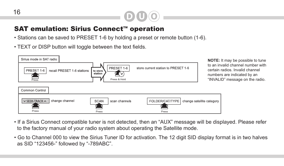 Sat emulation: sirius connect, Operation | DICE Electronics DOU Mazda User Manual | Page 16 / 32