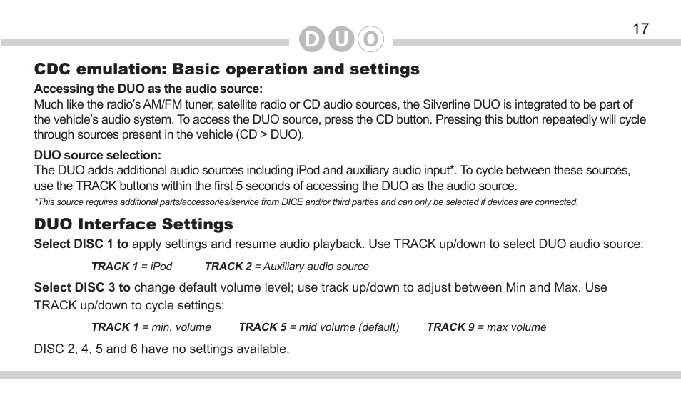 17 cdc emulation: basic operation and settings, Duo interface settings | DICE Electronics DOU Mazda User Manual | Page 17 / 32