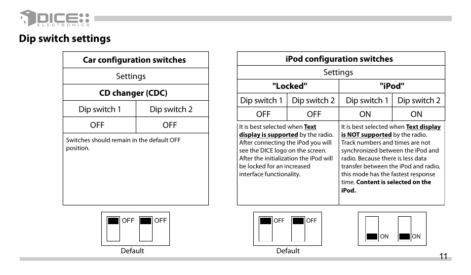Dip switch settings | DICE Electronics DICE interface for iPod Honda User Manual | Page 11 / 36