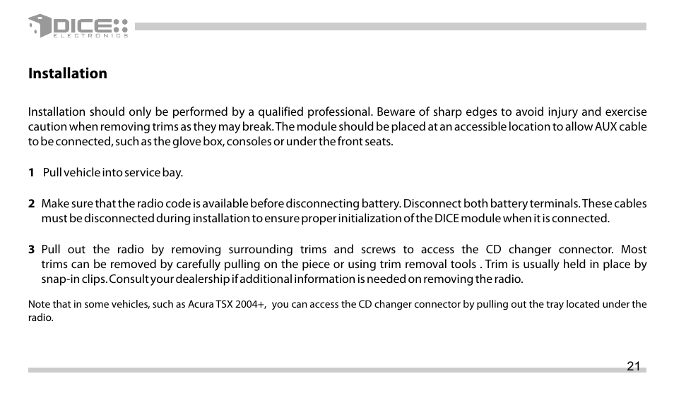 Installation | DICE Electronics DICE interface for iPod Honda User Manual | Page 21 / 36