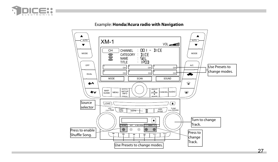 Xm-1, 001 - dice dice sel ipod, Example: honda/acura radio with navigation | DICE Electronics DICE interface for iPod Honda User Manual | Page 27 / 36