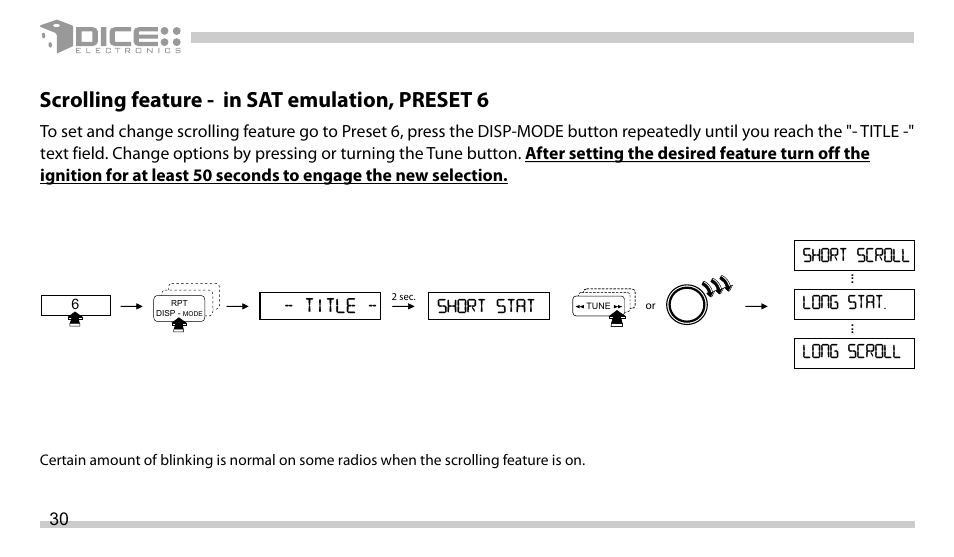 Scrolling feature - in sat emulation, preset 6, Title, Short stat short scroll long stat. long scroll | DICE Electronics DICE interface for iPod Honda User Manual | Page 30 / 36