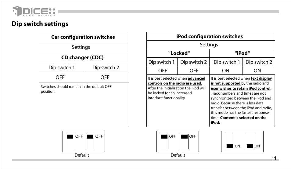 Dip switch settings | DICE Electronics DICE interface for iPod Volkswagen User Manual | Page 11 / 36