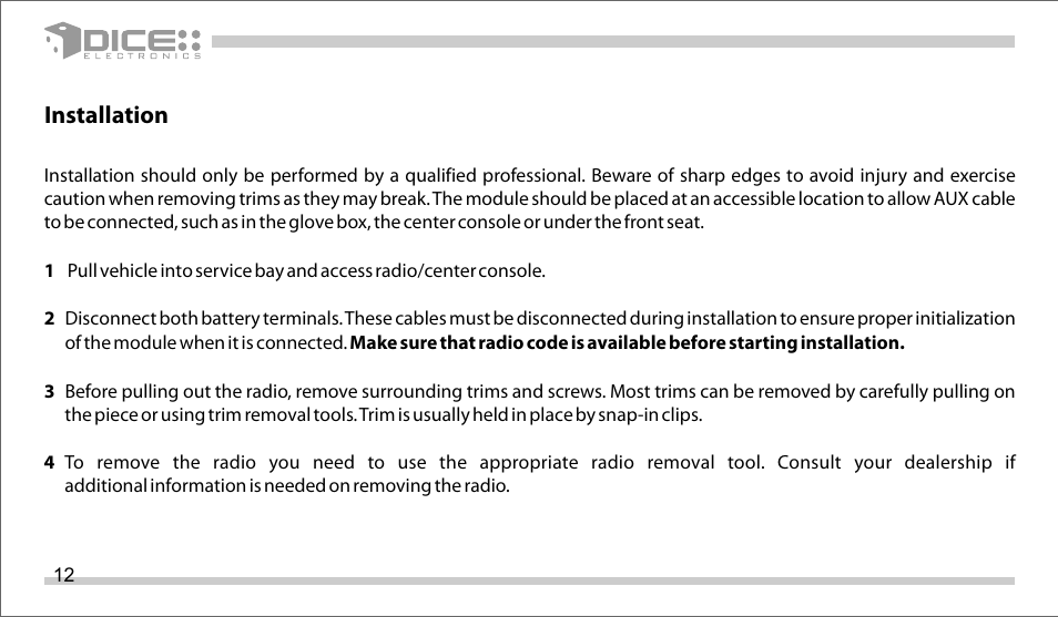 Installation | DICE Electronics DICE interface for iPod Volkswagen User Manual | Page 12 / 36